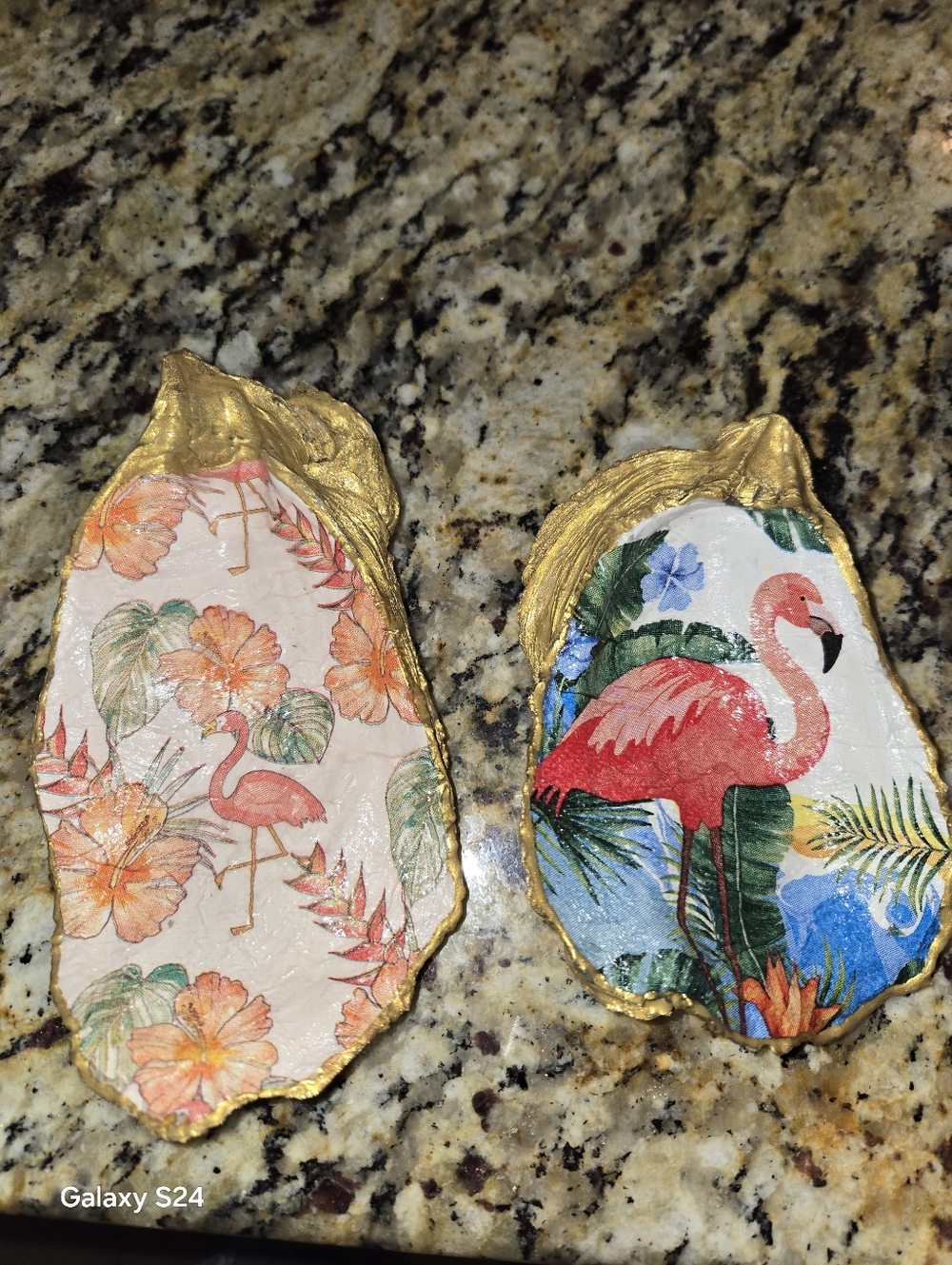 Hand Crafted Flamingo Oyster Shells with Gold Edging From Amelia Island Fl